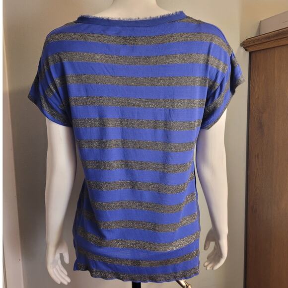 Calvin Klein Blue & Silver Striped Fringe Collar Tee Medium Fairycore Metallic - Picture 5 of 10